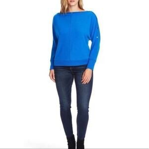 Vince Camuto NWT Metro Blue Holiday Snap Trim Dolman Sleeve Sweater Medium